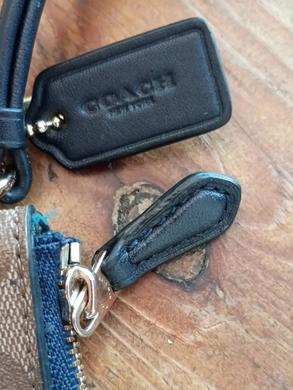 Coach Signature Canvas Wristlet with Teal and Navy Varsity Stripe